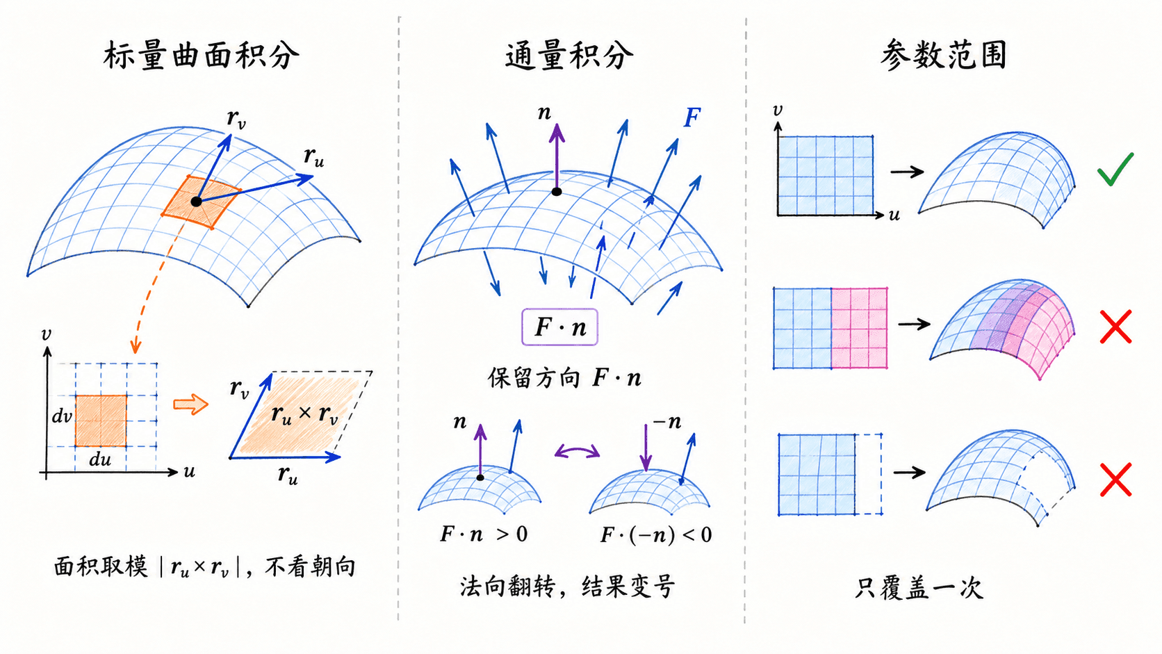曲面积分三项检查:标量曲面积分使用叉积的长度而不看朝向;通量积分保留法向方向,法向翻转后结果变号;参数范围必须完整且只覆盖曲面一次。