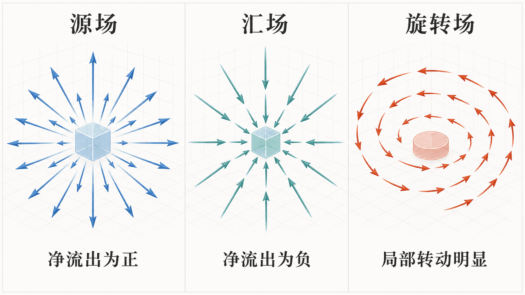 源场、汇场与旋转场三联对比图，展示箭头向外发散、向内汇入和逆时针旋转的局部向量场行为。