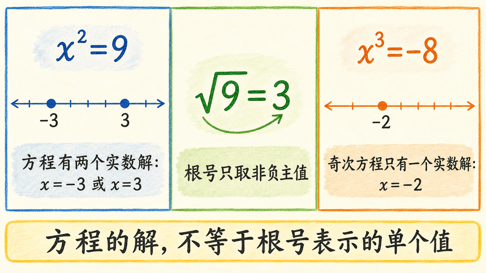 方程的多个实数解与根号主值之间区别的中文手绘彩色示意图