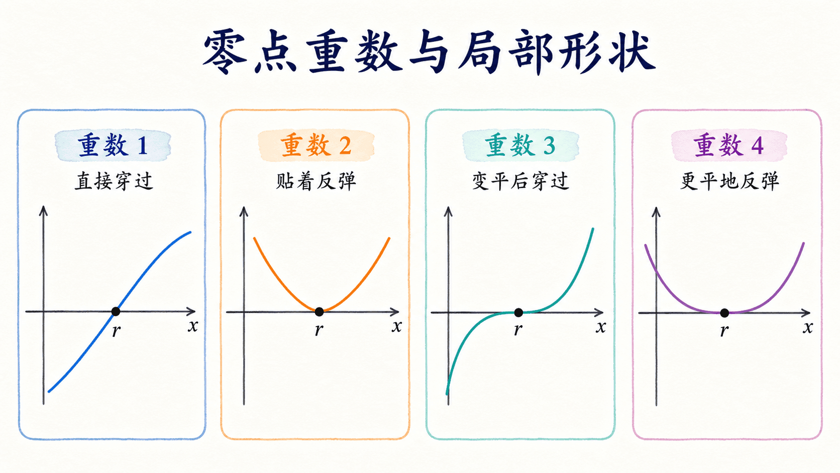 零点重数1到4与局部形状的中文手绘图