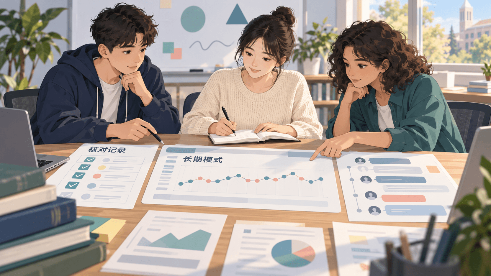 三名学生一起核对项目记录,以长期、可复核的信息替代第一印象