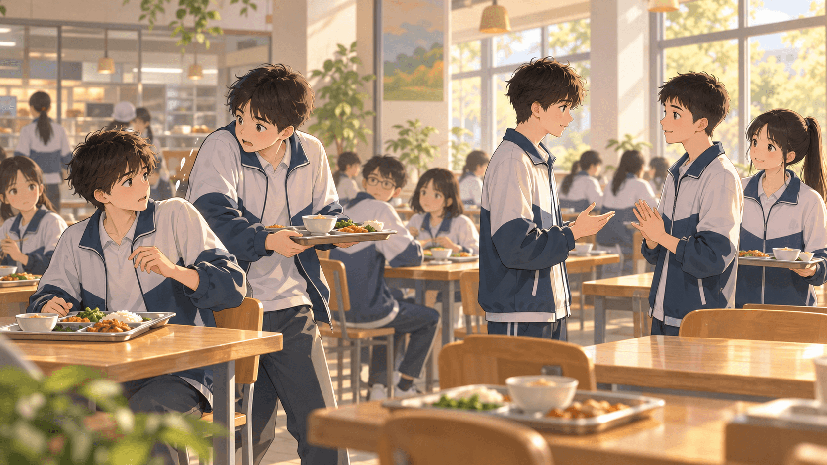 食堂里一次意外碰撞后,两名学生选择停下来澄清误会
