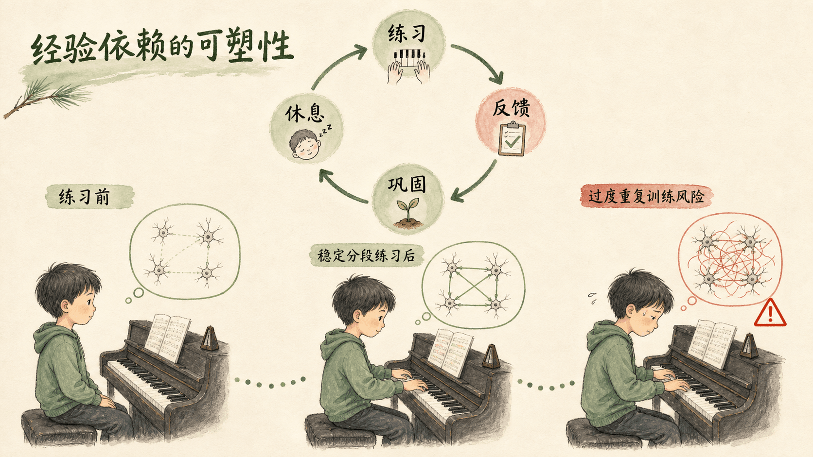 经验依赖的可塑性:练习、反馈、巩固和休息共同帮助技能稳定,过度重复存在风险