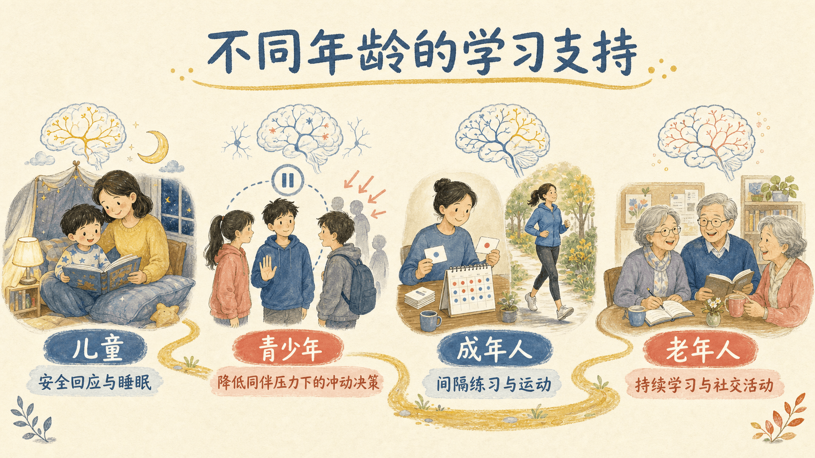 不同年龄的学习支持:儿童、青少年、成年人和老年人都可通过适合的环境获得学习机会