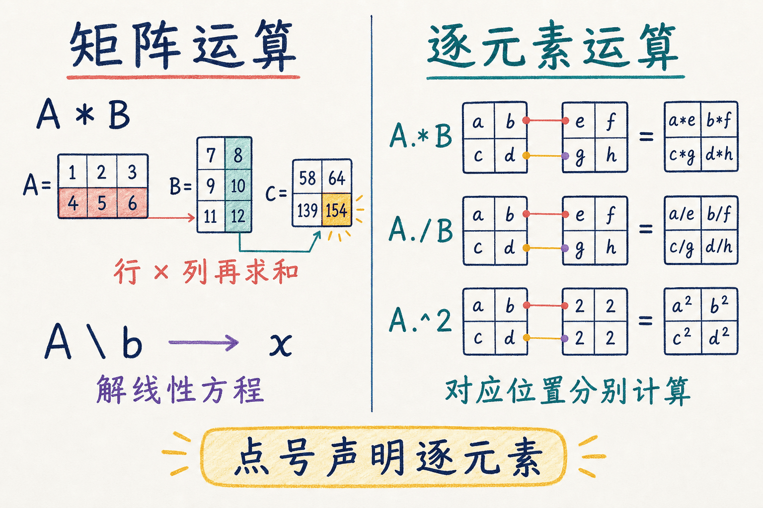矩阵运算与逐元素运算对比图,展示矩阵乘法、线性方程求解和三种点号运算