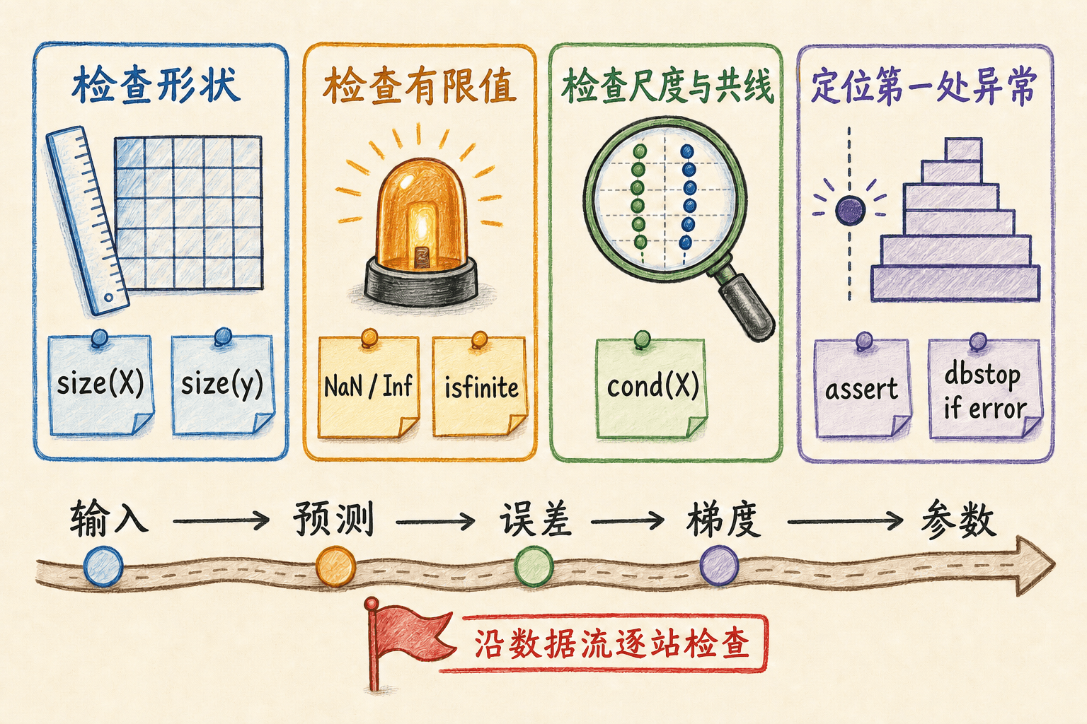 数值排错四站手绘图,依次检查形状、有限值、尺度与共线以及第一处异常