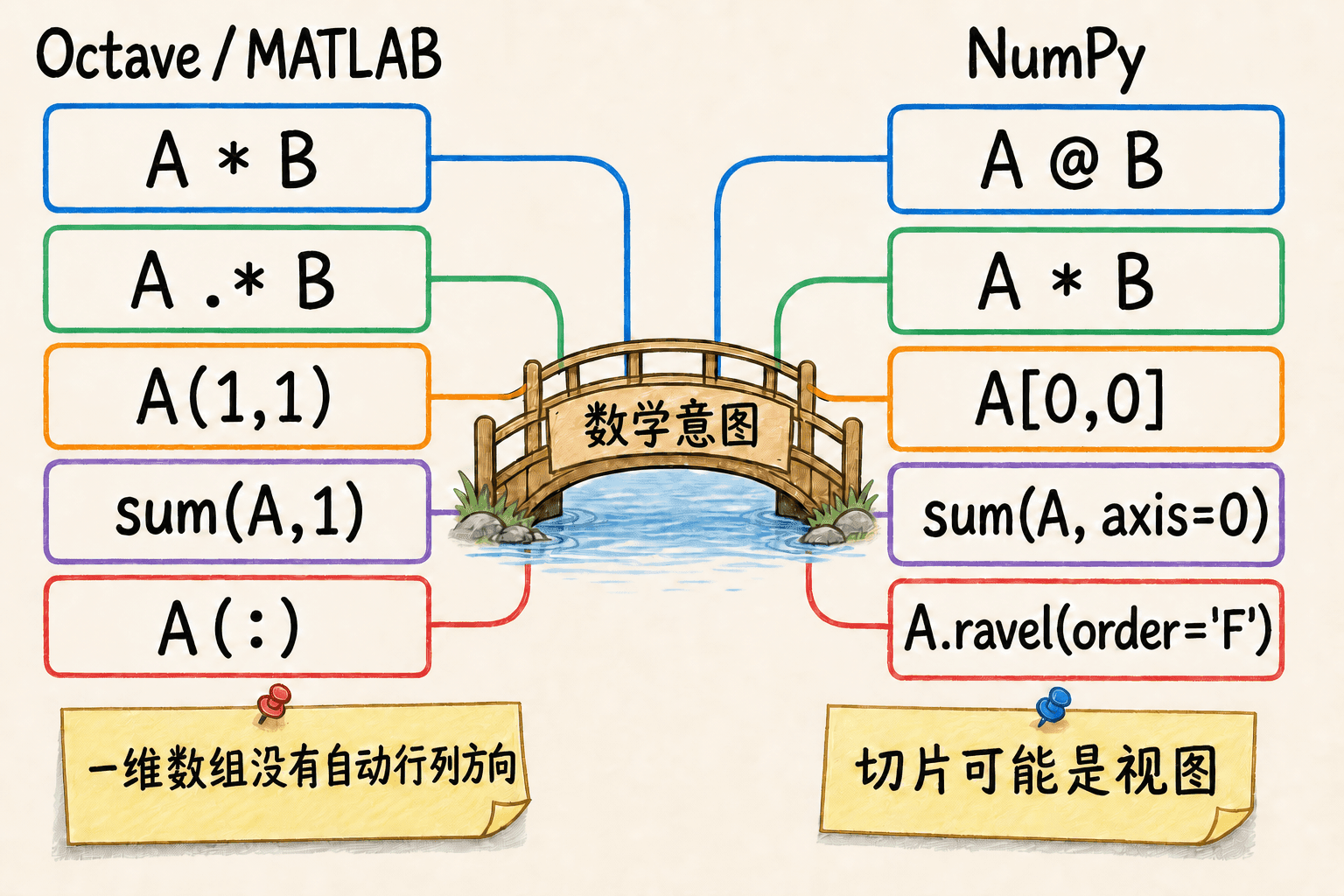 Octave、MATLAB 与 NumPy 常用数组语法的数学意图对照手绘图