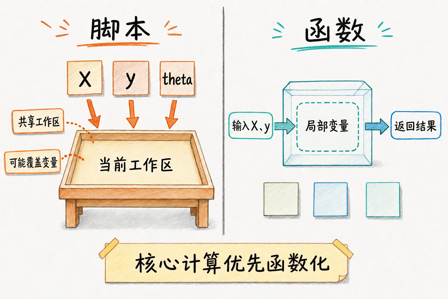 脚本与函数工作区差异手绘图,脚本变量进入共享工作区,函数通过输入、局部变量和返回结果隔离状态