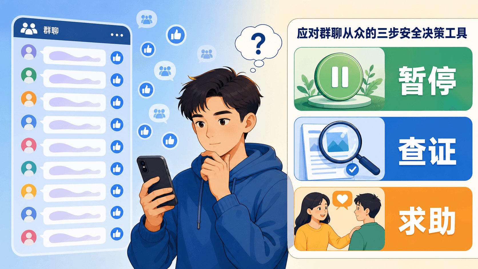 面对网络一致性时的暂停、查证与求助步骤