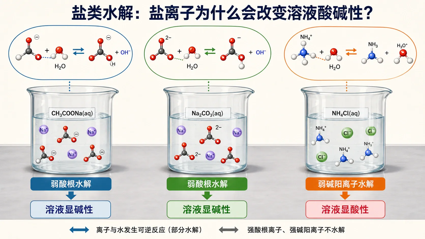 盐类水解中弱酸根与弱碱阳离子分别同水作用、改变 H⁺和 OH⁻相对多少的中文微观示意