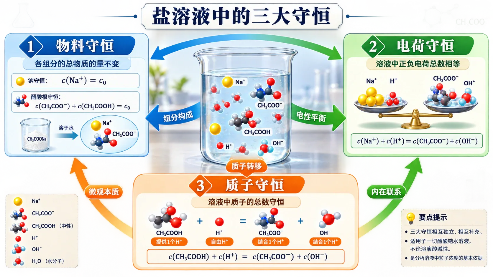 以具体盐溶液为对象,把电荷守恒、物料守恒和质子守恒连接为同一份粒子账本的中文示意