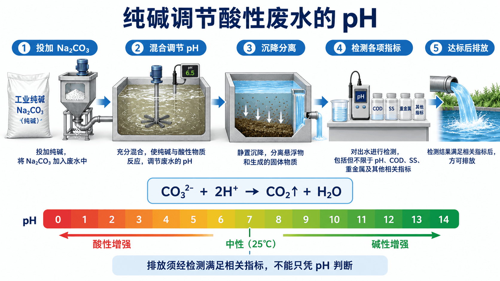 以纯碱逐步中和酸性废水、检测 pH 并按需要分离处理的中文流程示意
