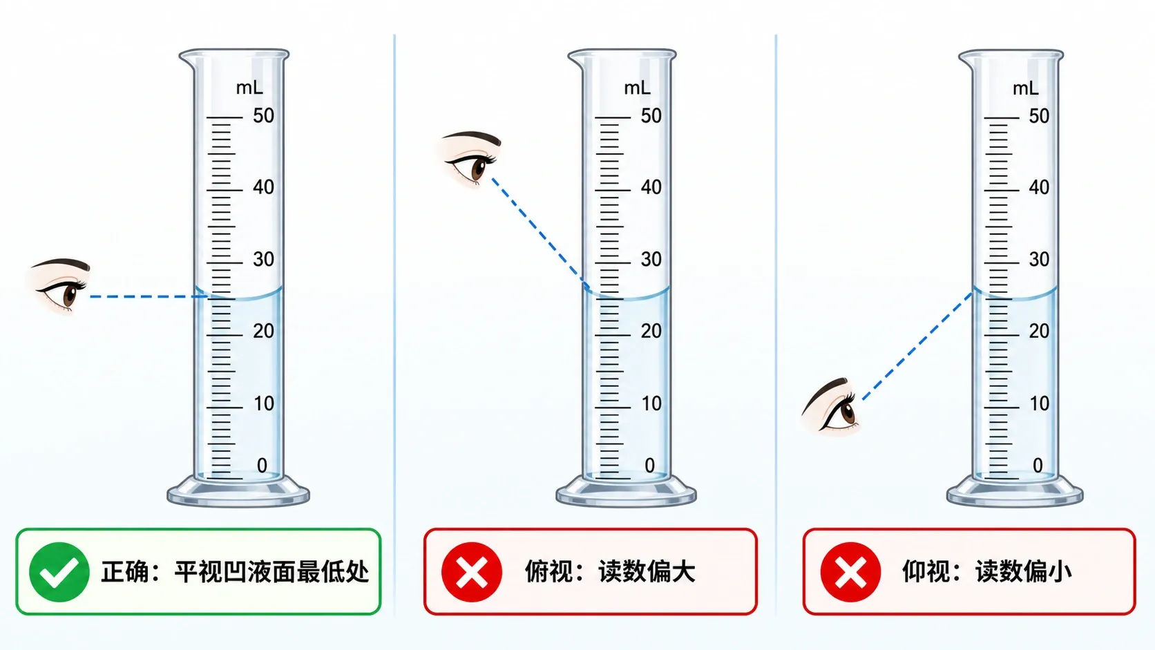 量筒凹液面读数的正确与错误对比