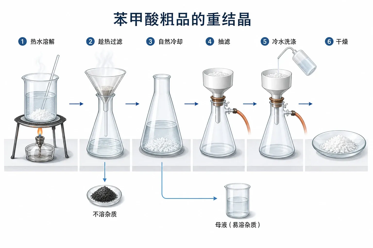 重结晶流程中母液与晶体的分离通过过滤完成;箭头表示物质去向。