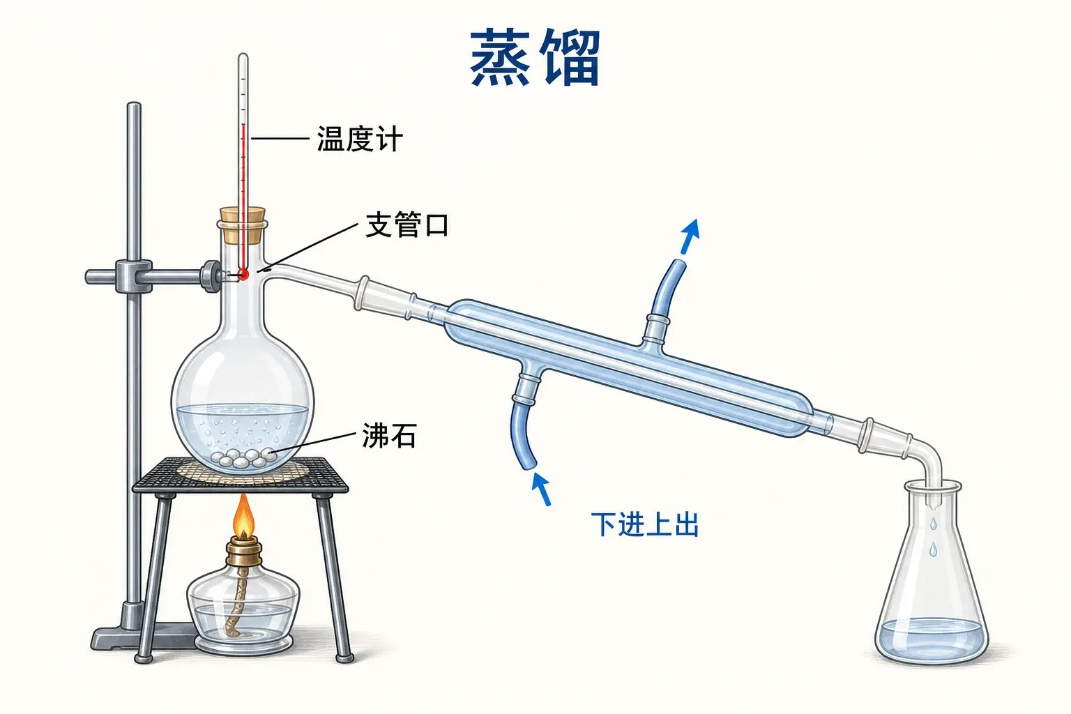 蒸馏装置示意:温度计水银球在支管口附近,烧瓶中加沸石,冷凝水从下口进入上口流出