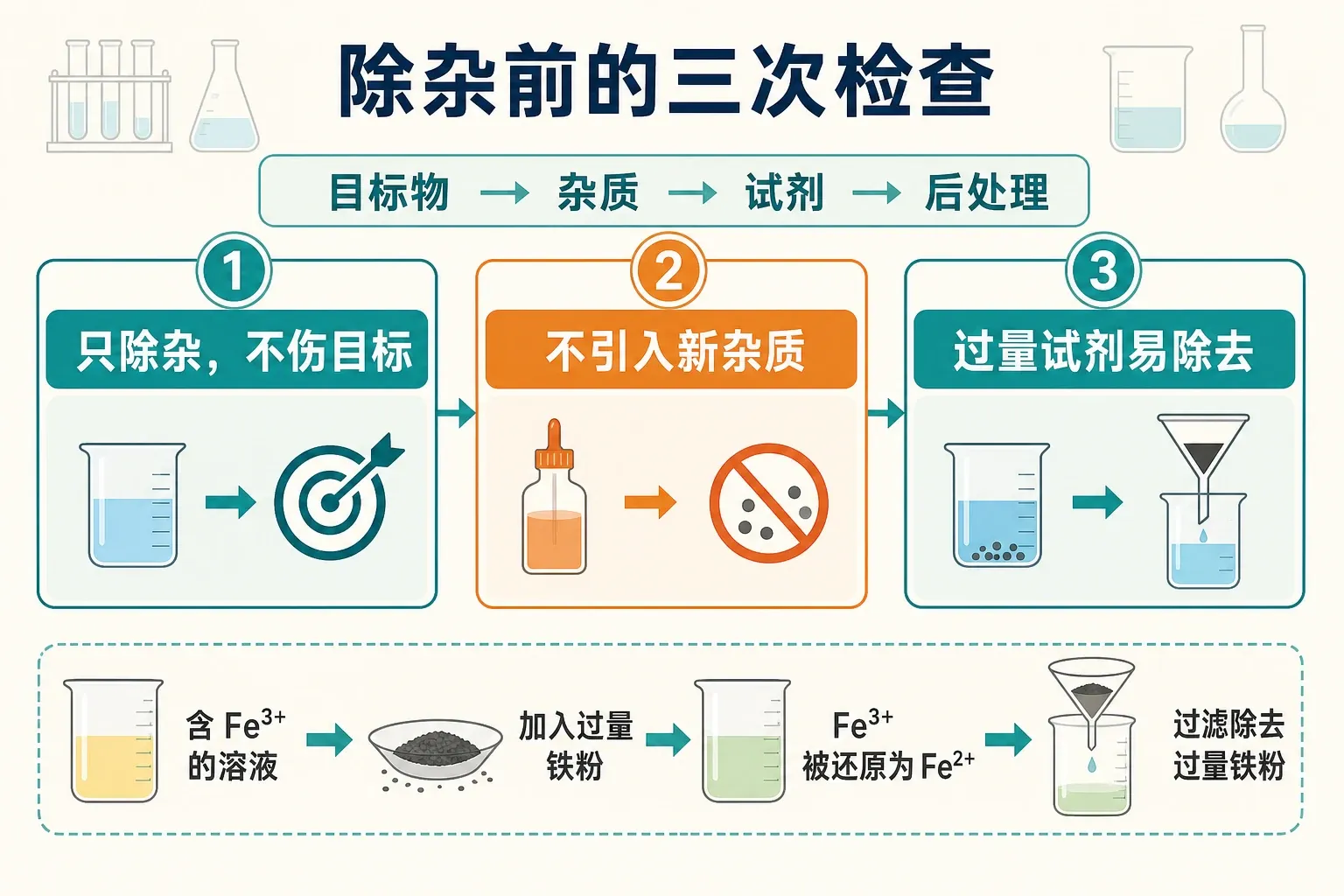 除杂试剂三检查:只除杂不伤目标、不引入新杂质、过量试剂易除去;过量铁粉还原三价铁后可过滤除去