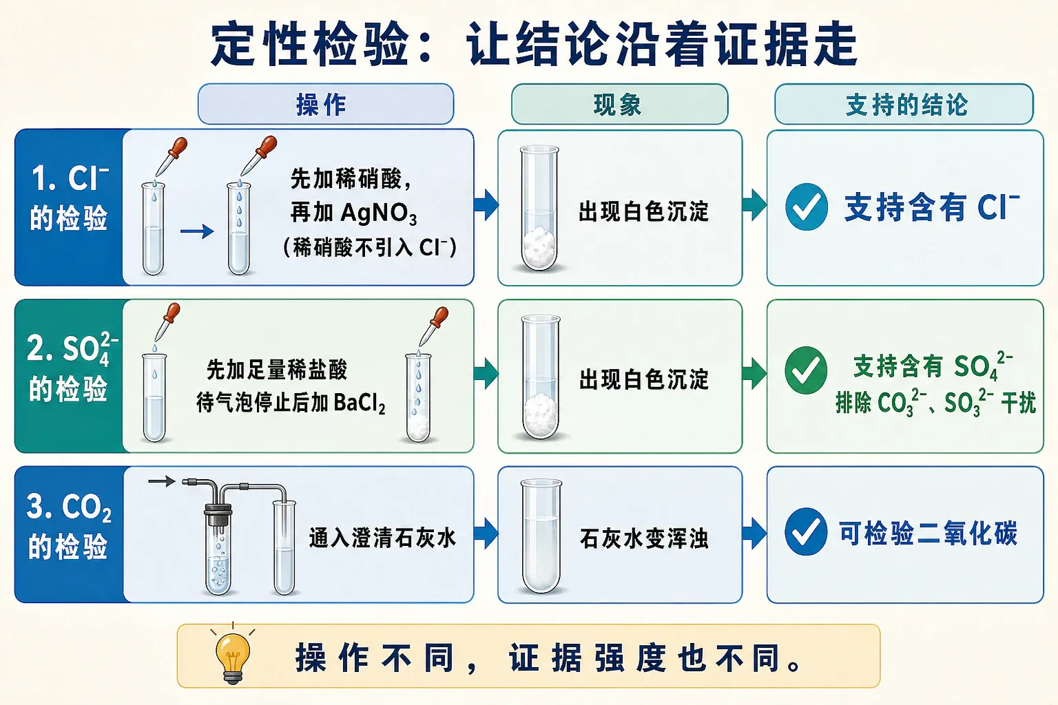 定性检验证据链:氯离子、硫酸根离子和二氧化碳均需按操作、现象、支持的结论依次判断