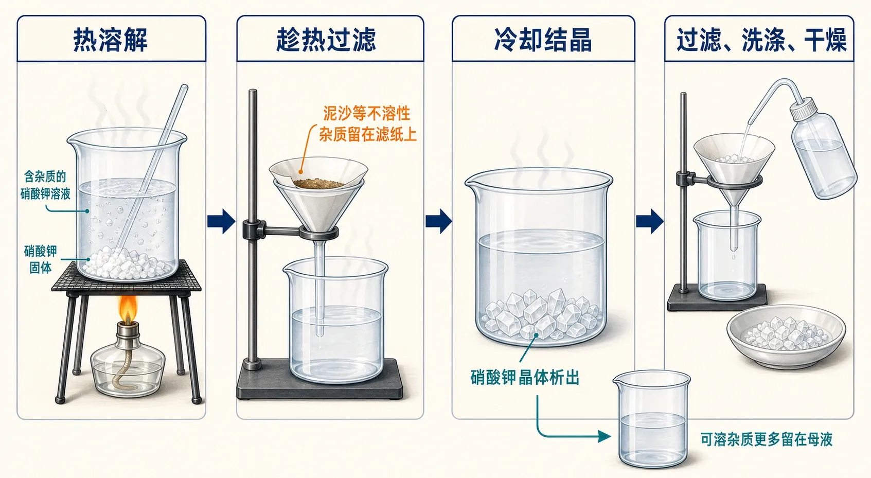 粗硝酸钾重结晶提纯路线:热溶解、趁热过滤、冷却结晶、过滤洗涤干燥;泥沙被除去,可溶杂质更多留在母液