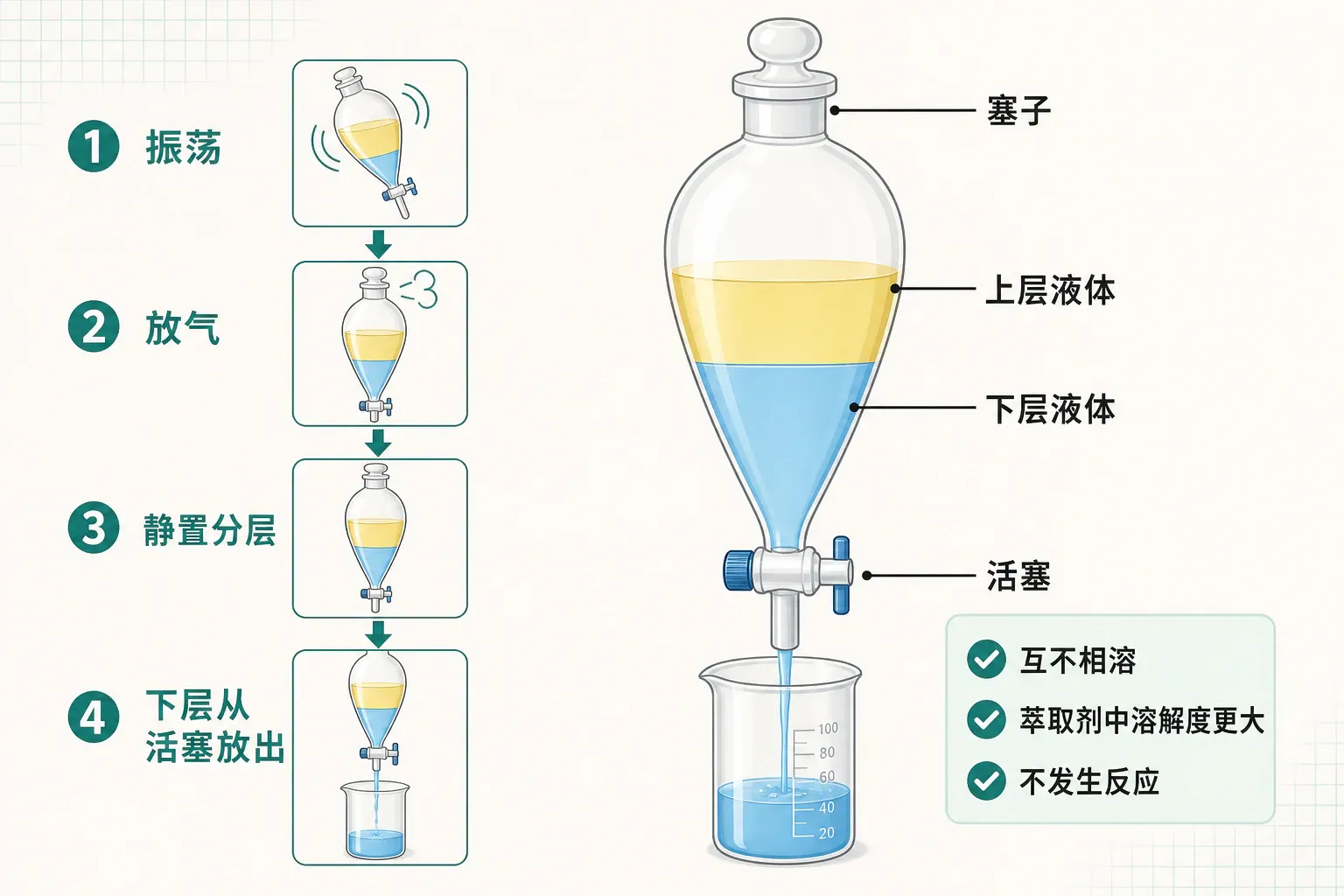 萃取与分液操作:两种互不相溶液体分层后,依次振荡放气、静置分层,再从活塞放出下层液体