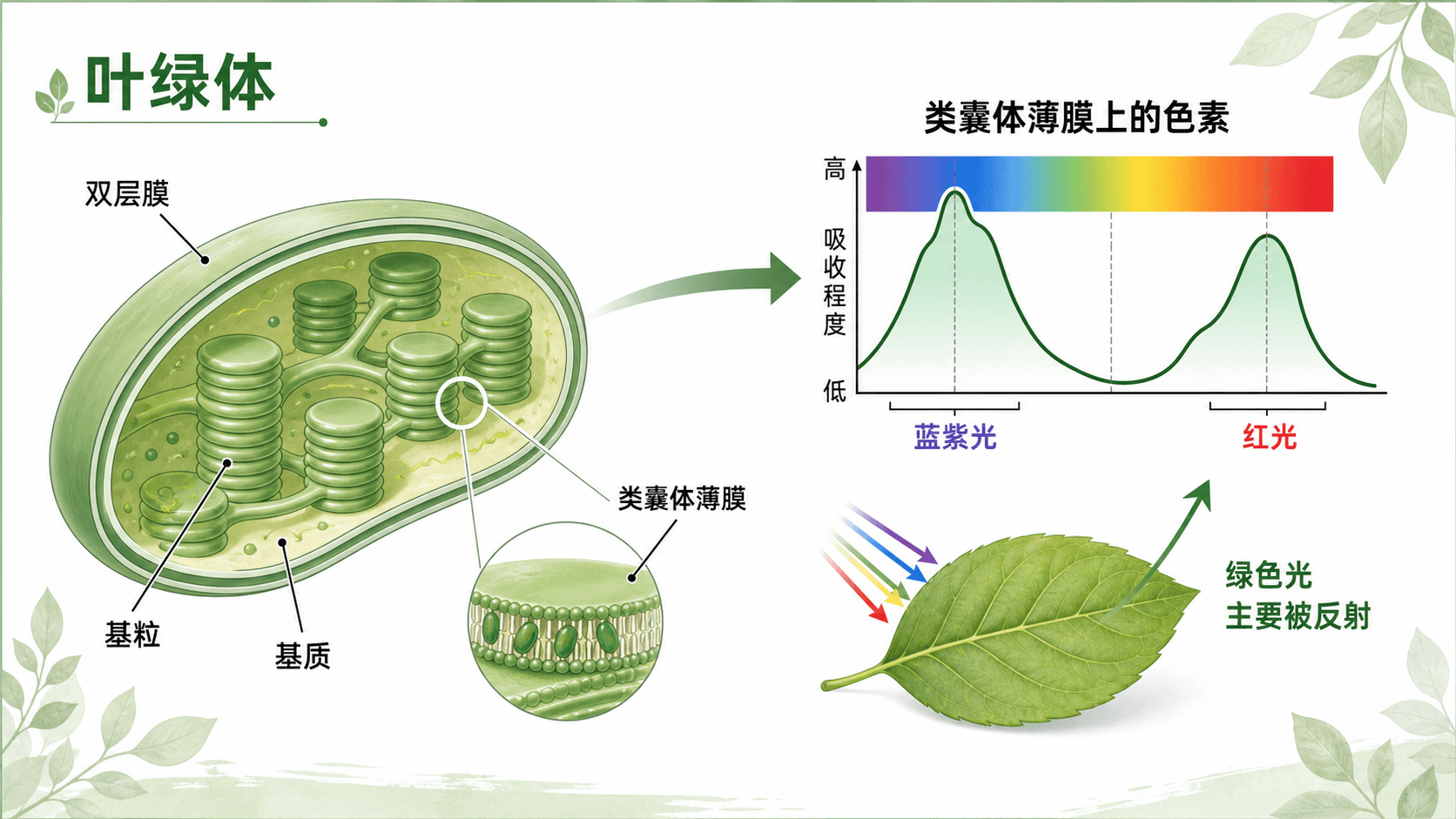 叶绿体的双层膜、基粒、类囊体薄膜和基质,以及色素吸收光的示意图