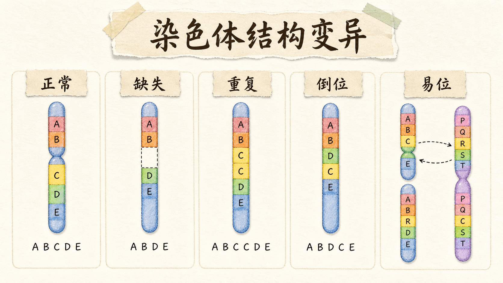 用纸张拼贴风格展示正常染色体片段与缺失、重复、倒位、易位四种结构变异的对照图