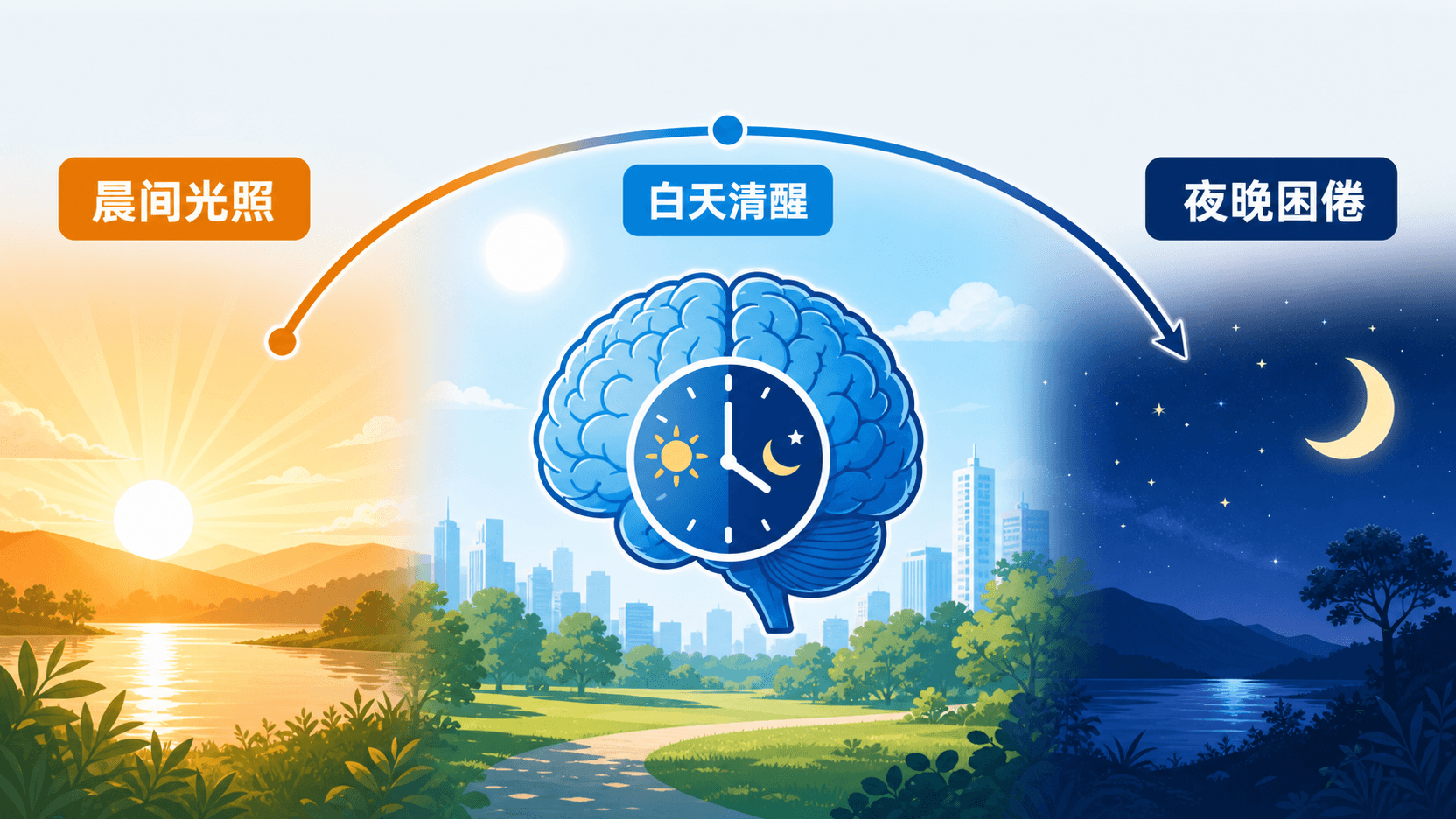 晨光、白天清醒与夜晚困倦组成的昼夜节律示意