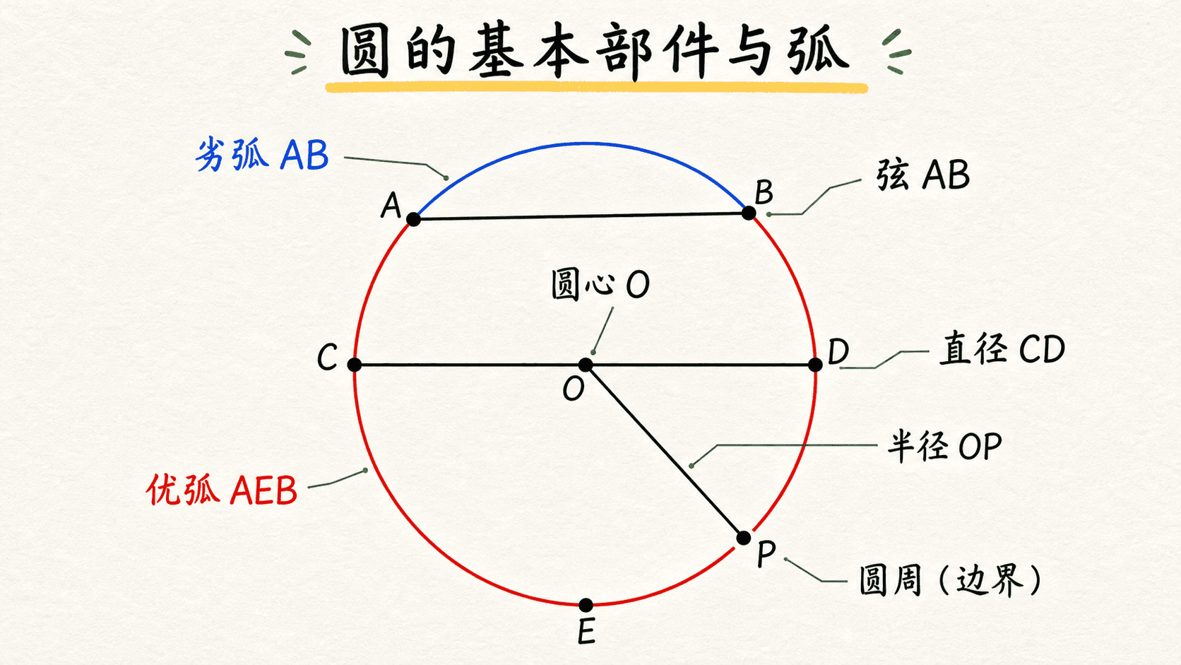 圆心、半径、直径、弦、劣弧和优弧的中文手绘示意图