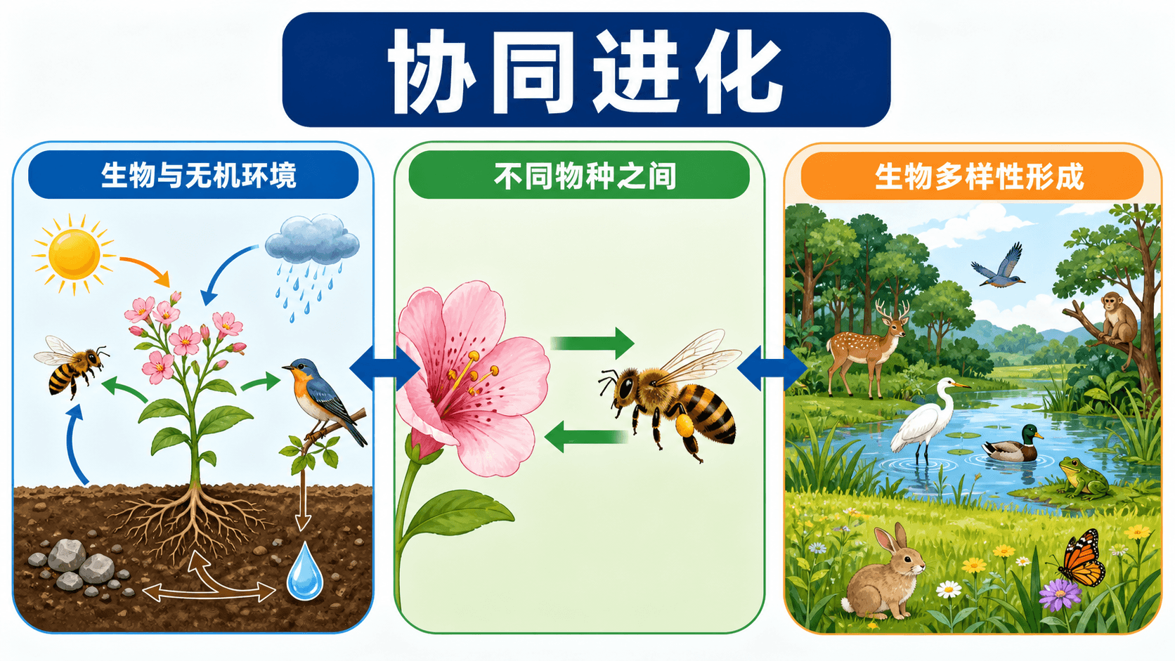 不同物种与无机环境相互影响、协同进化,促进生物多样性形成
