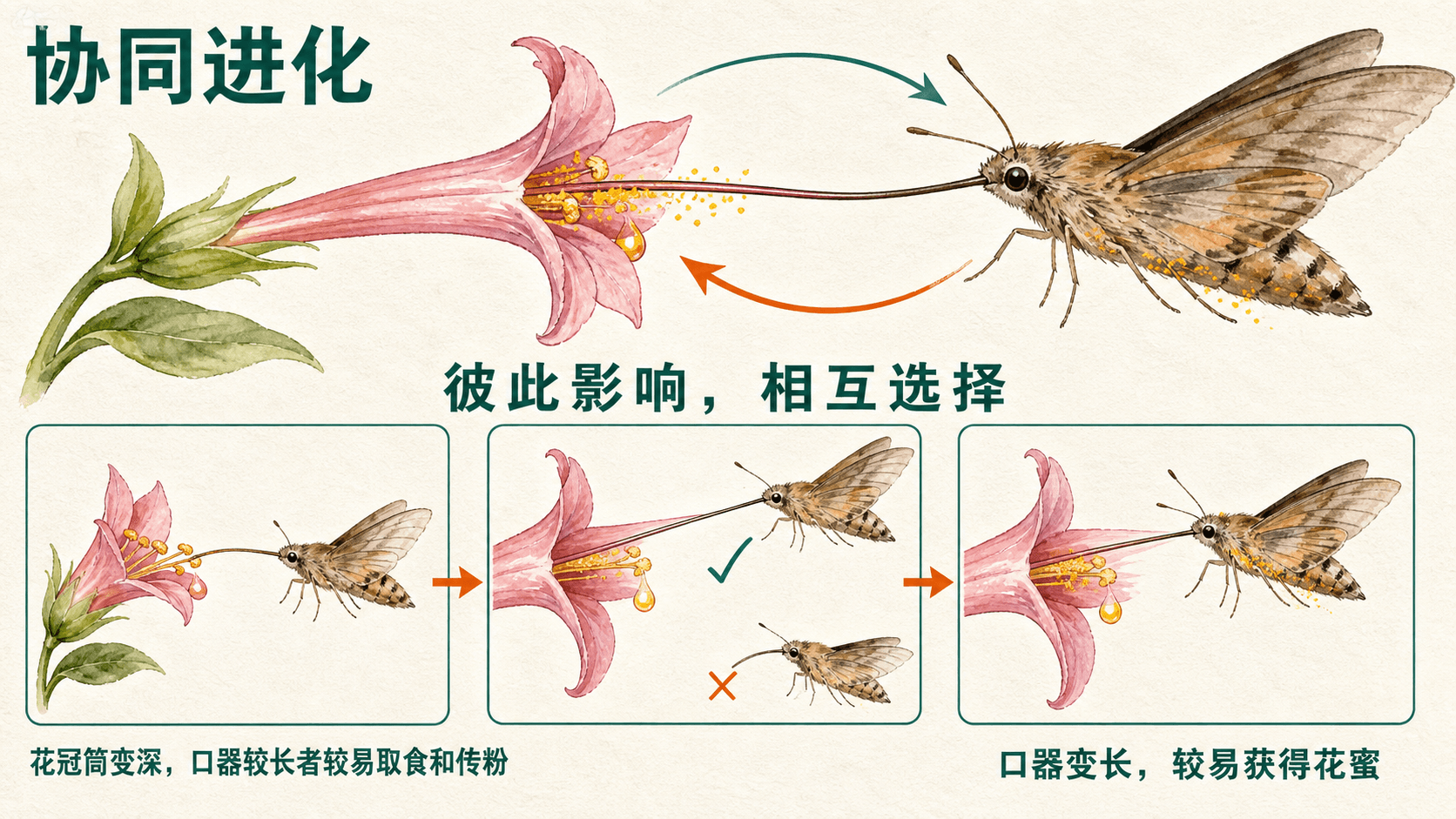 植物与传粉昆虫相互影响、彼此适应的协同进化示意图