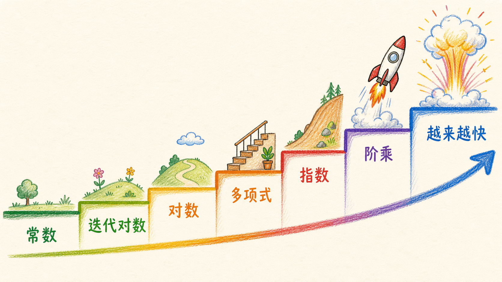 常数、对数、多项式、指数、阶乘的增长阶梯
