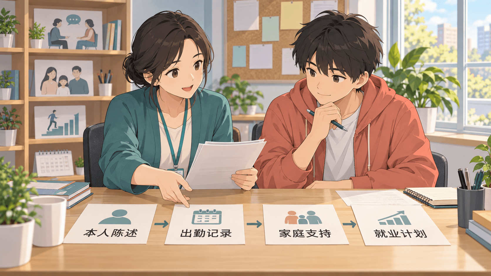 社区矫正评估中,工作人员与小林以本人陈述、出勤记录、家庭支持和就业计划相互核对