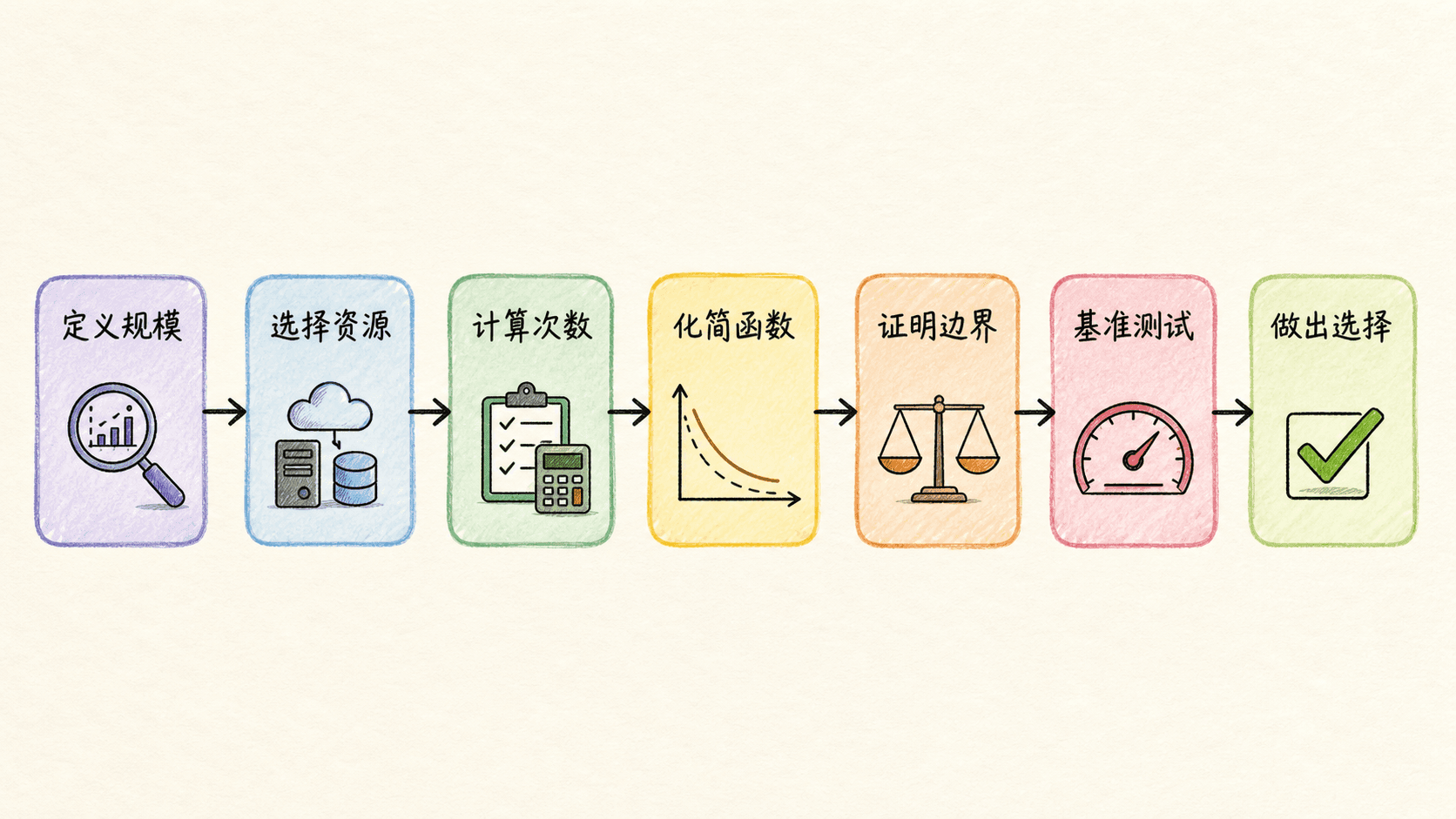 从建模、计数、化简到基准测试的算法分析检查路径