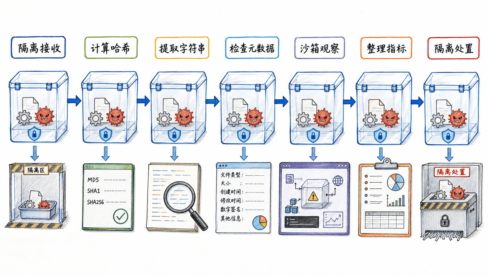 隔离接收、静态分析、沙箱观察与处置流程