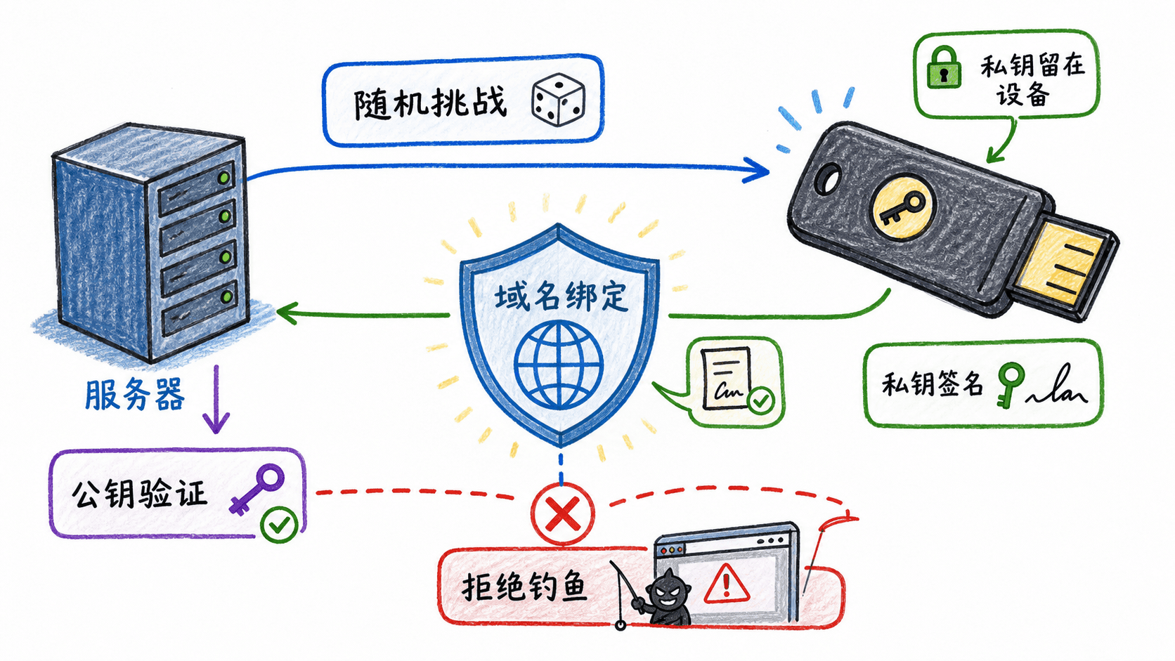 FIDO 使用随机挑战、域名绑定和公钥验证抵抗钓鱼