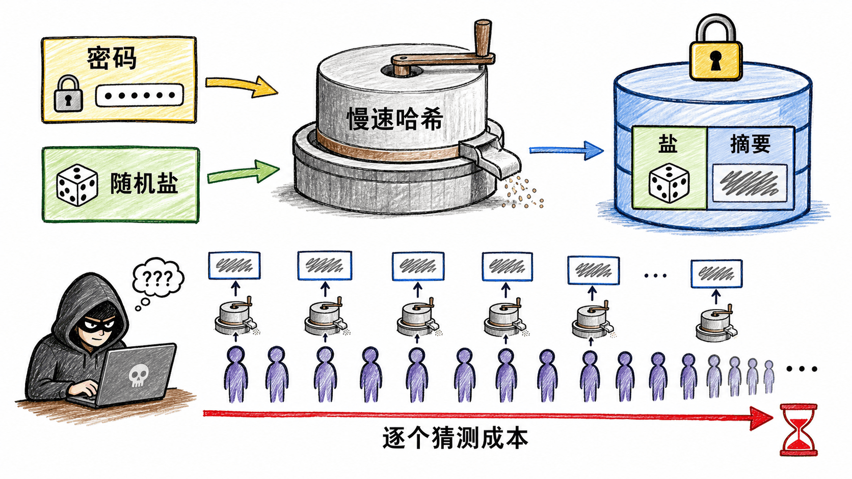 密码与随机盐经过慢速哈希后只保存盐和摘要