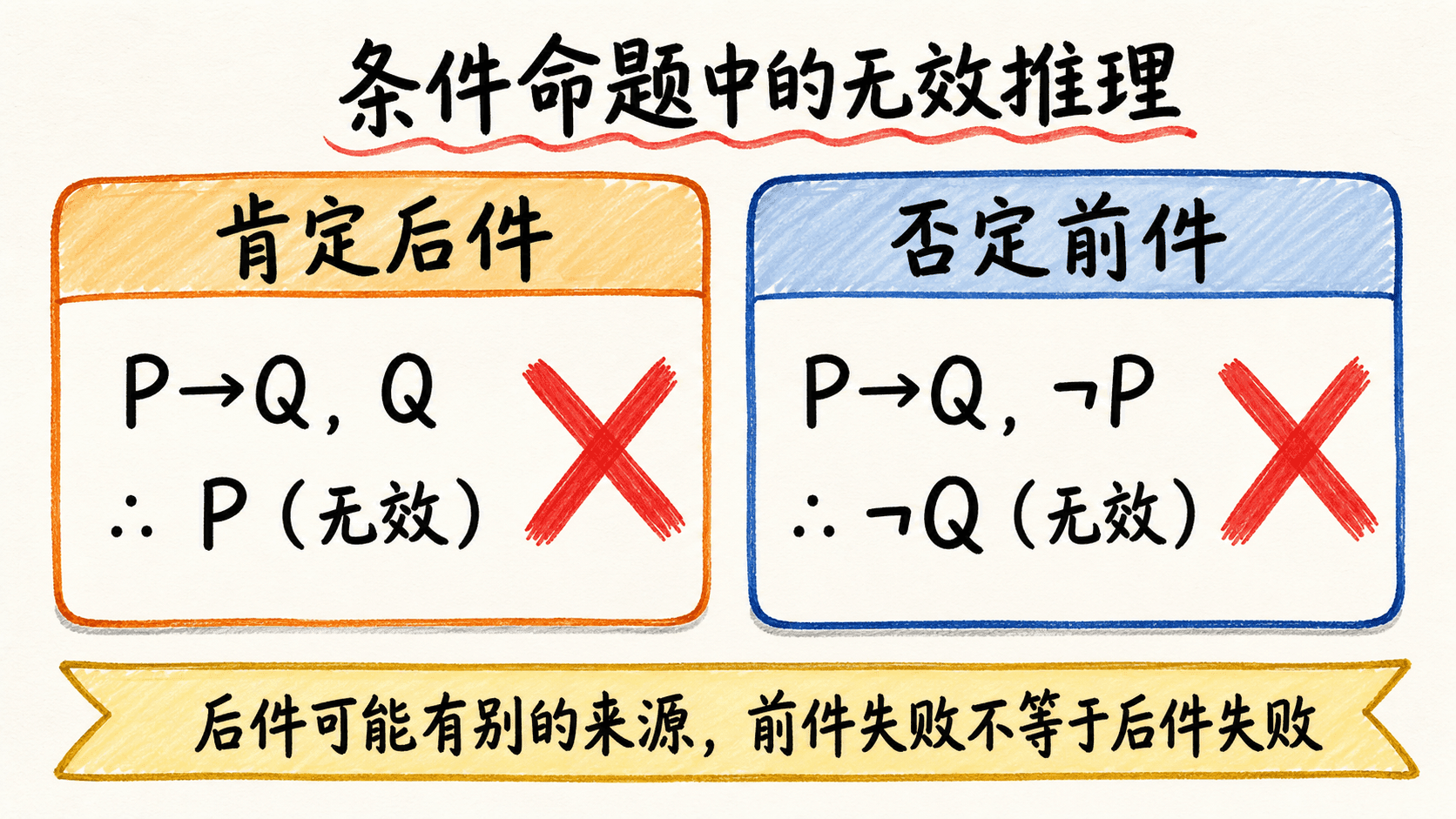 手绘警示对照图展示肯定后件和否定前件两种无效推理