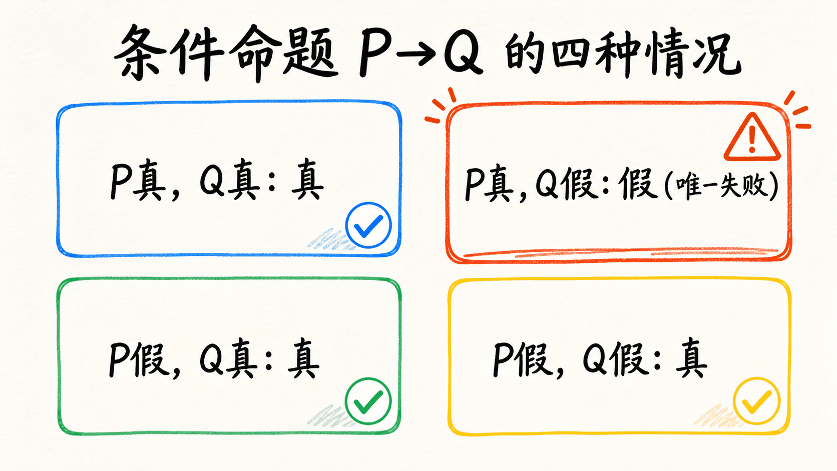 条件命题 P 到 Q 的四种真值情况,其中只有 P 真且 Q 假时命题为假