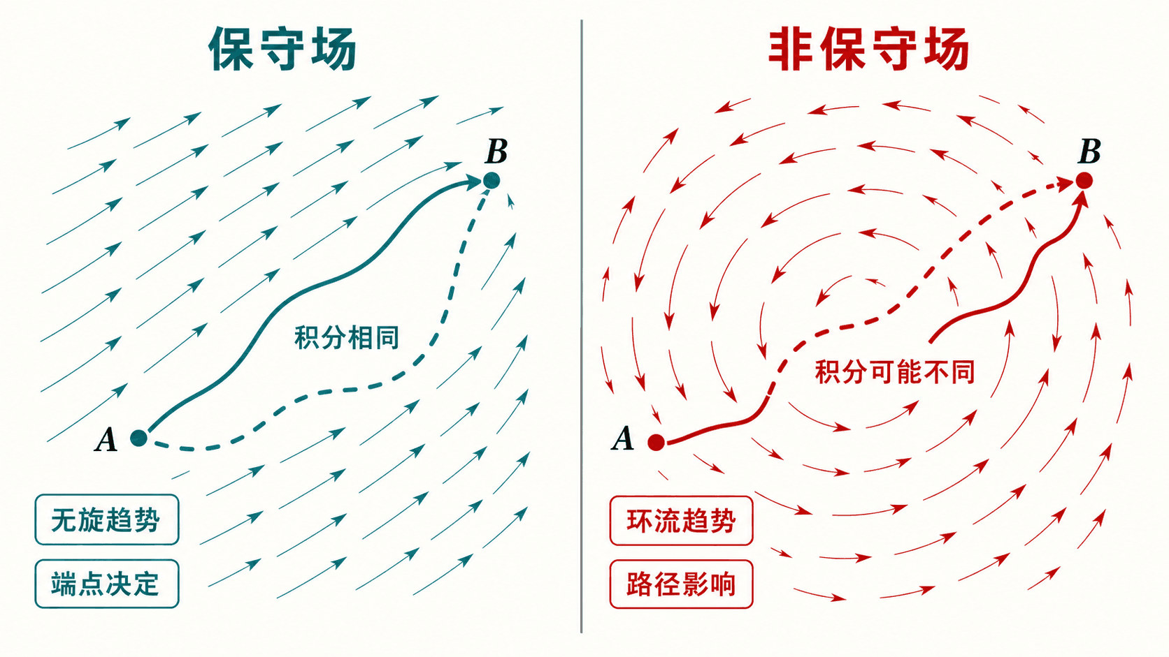 保守场和非保守场中路径是否影响积分的对比