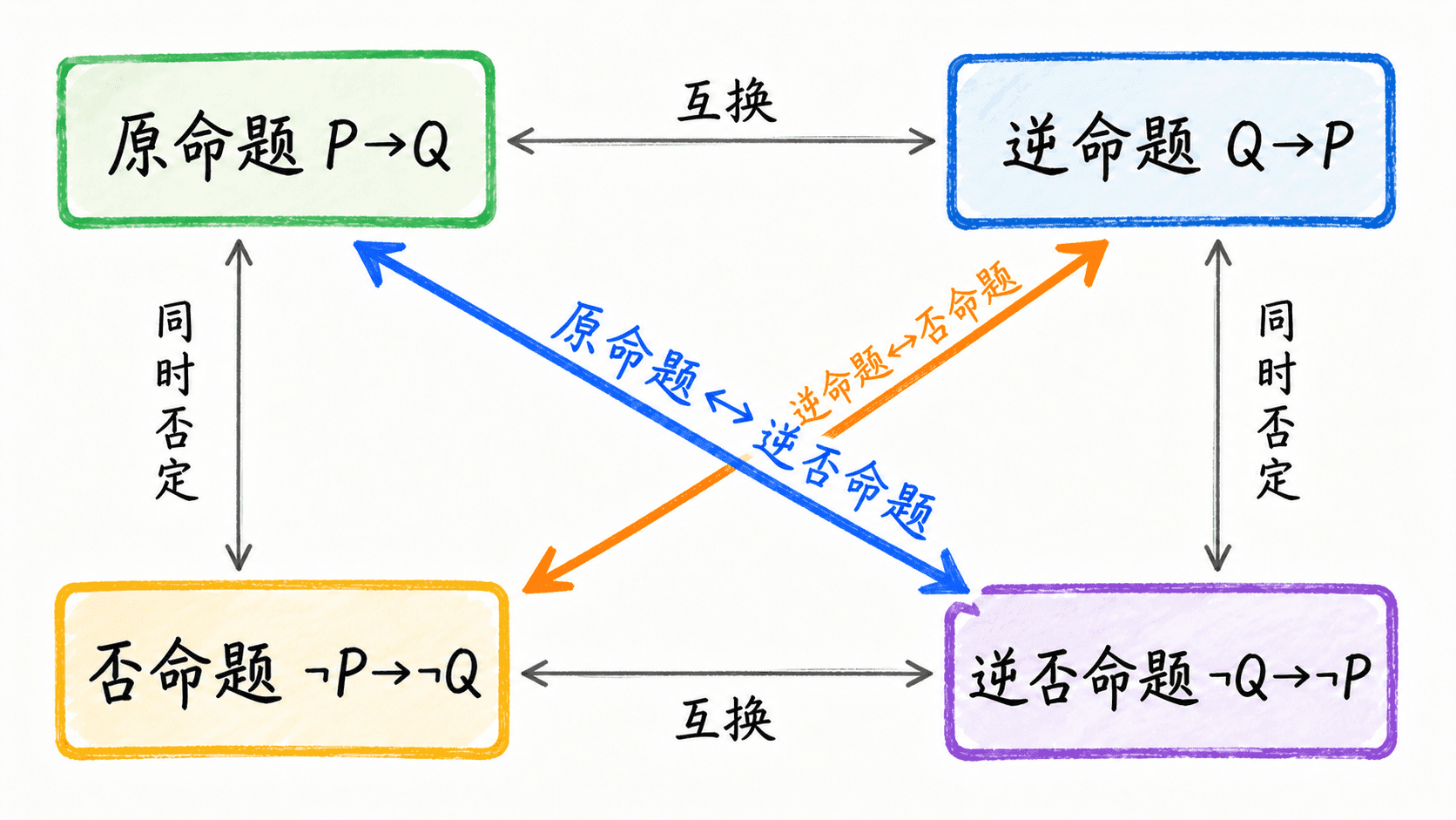 原命题、逆命题、否命题与逆否命题的关系图,突出原命题与逆否命题等价、逆命题与否命题等价