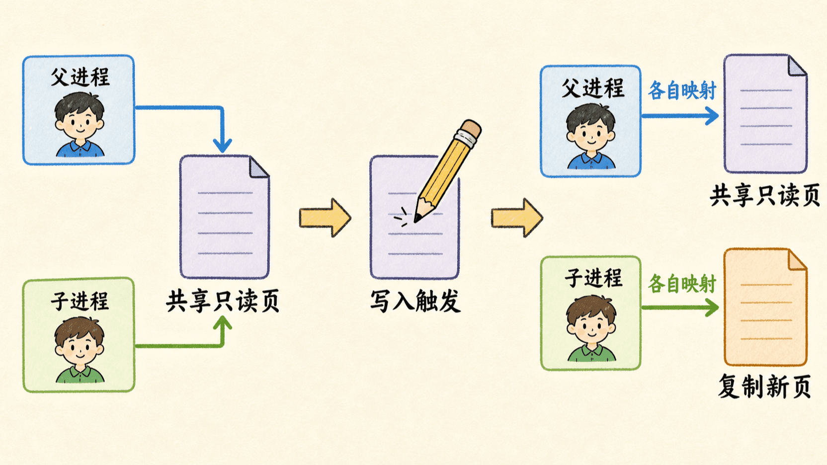 父子进程共享页面并在写入时复制