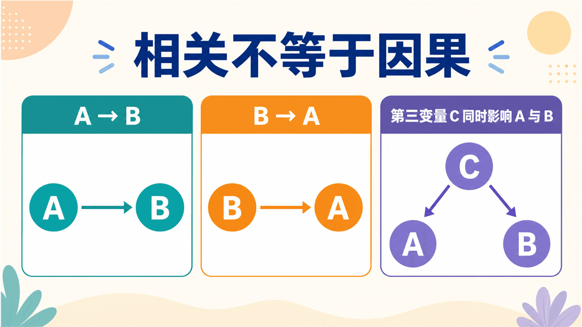 相关数据与三种因果解释:A导致B、B导致A与第三变量