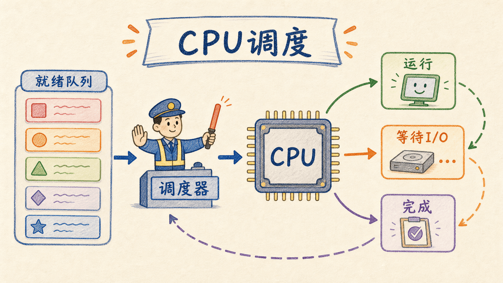 CPU调度器从就绪队列选择进程并分配给CPU的流程图