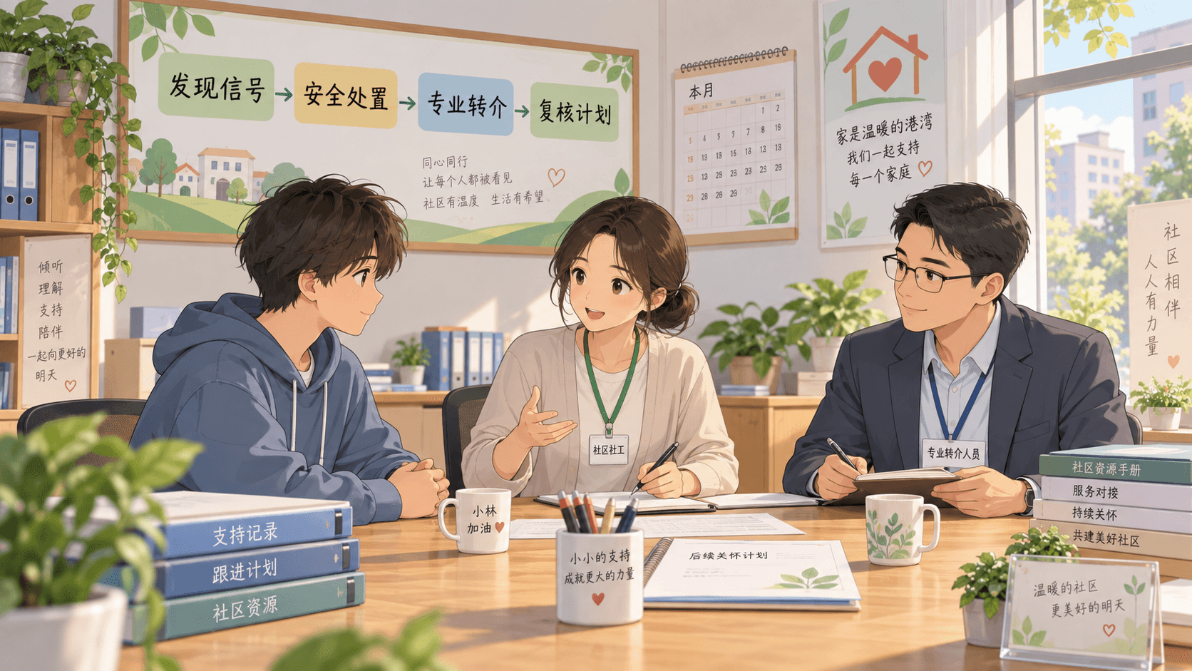 社区服务站内,围绕危机信号、专业转介和复核计划开展的非急性协作会商