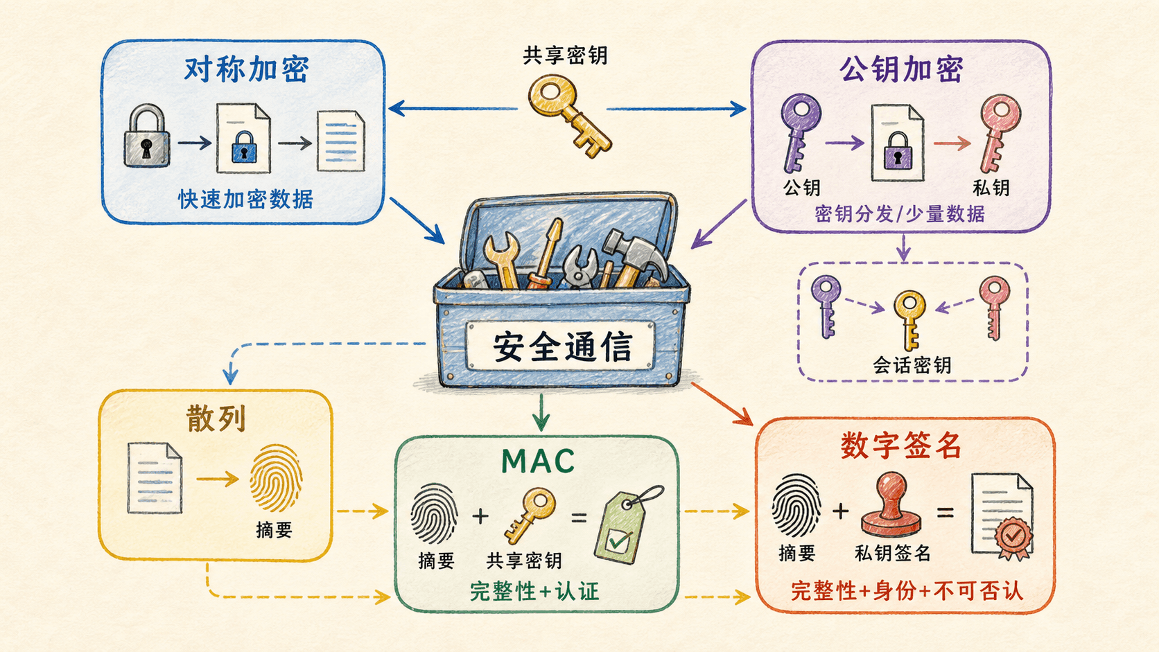 密码学工具箱:对称加密负责大量数据,公钥机制帮助建立会话密钥,散列函数支撑MAC与数字签名,数字签名验证来源与完整性。