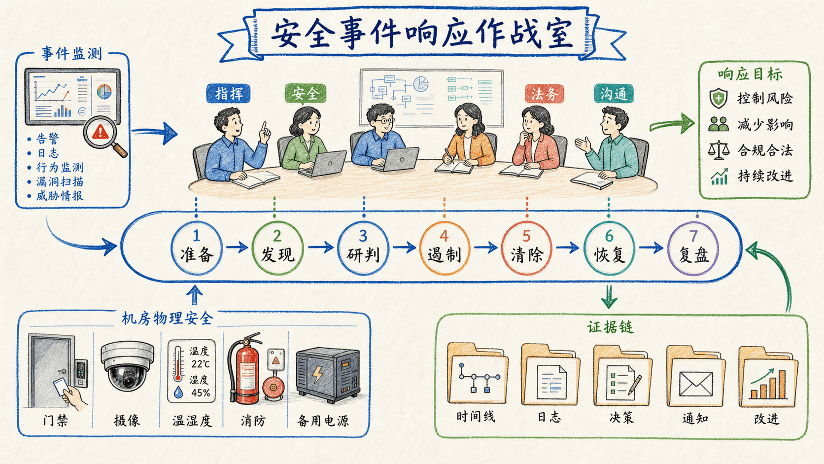事件响应作战室、七阶段流程、机房物理安全与证据链