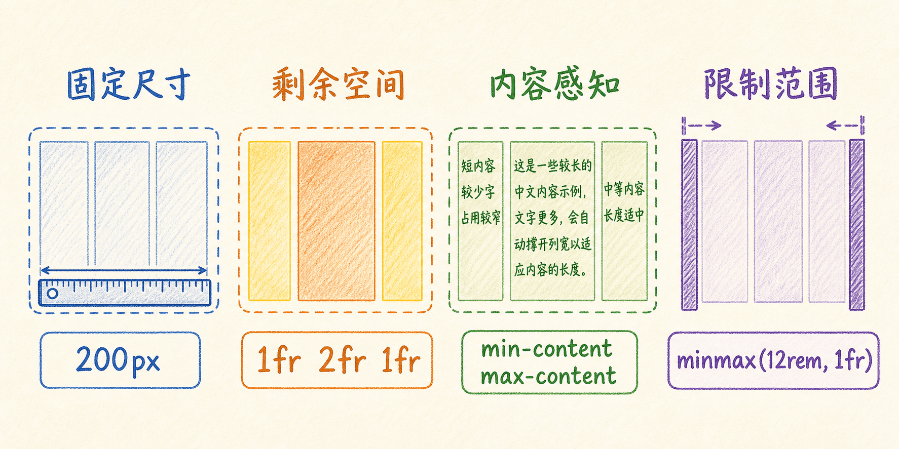 固定尺寸、剩余空间、内容感知与 minmax 范围
