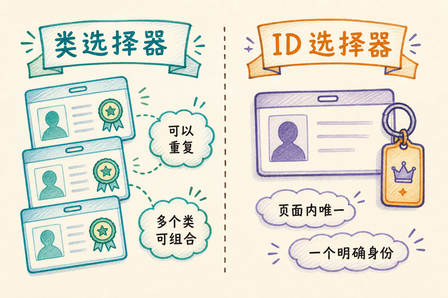 类选择器可复用而 ID 选择器保持唯一