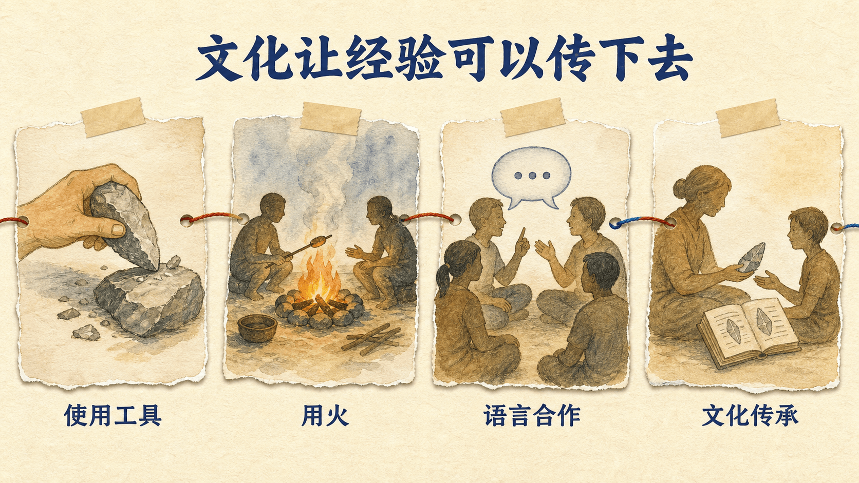 工具、用火、语言合作与经验传承构成文化积累的插图