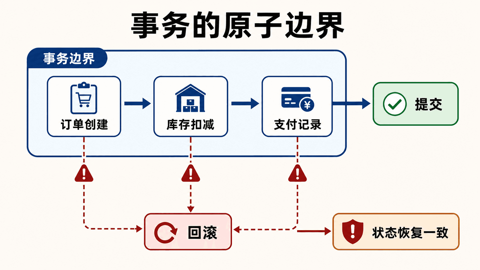 订单、库存与支付位于同一事务边界中的示意图