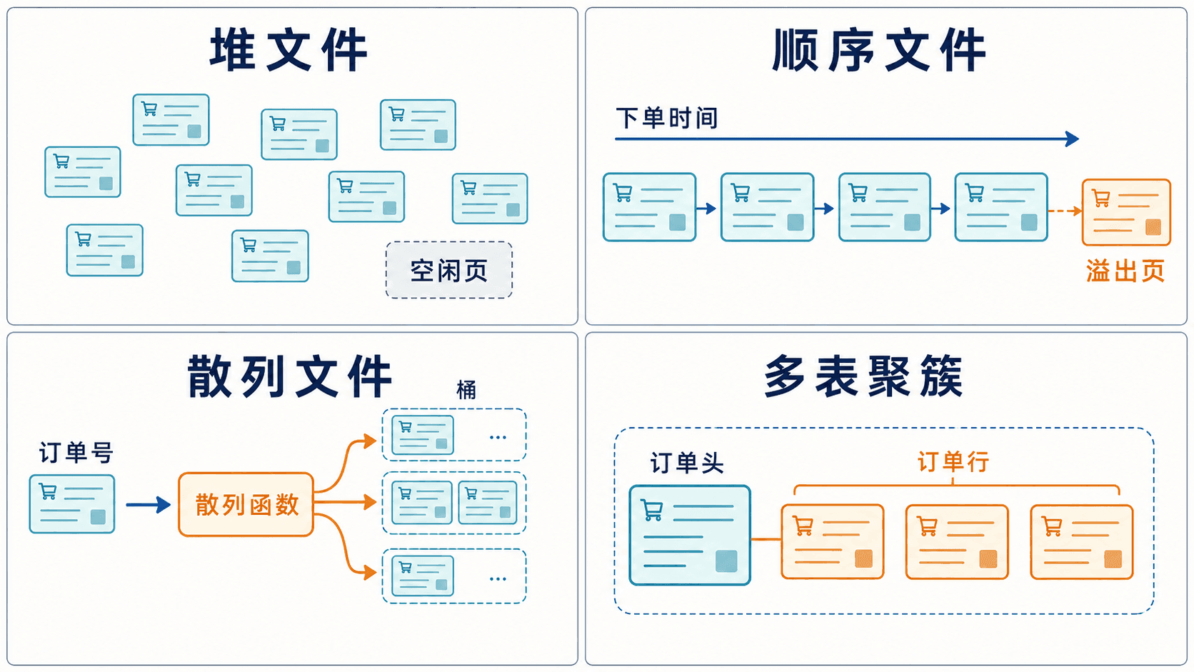 堆文件顺序文件散列文件与多表聚簇对比